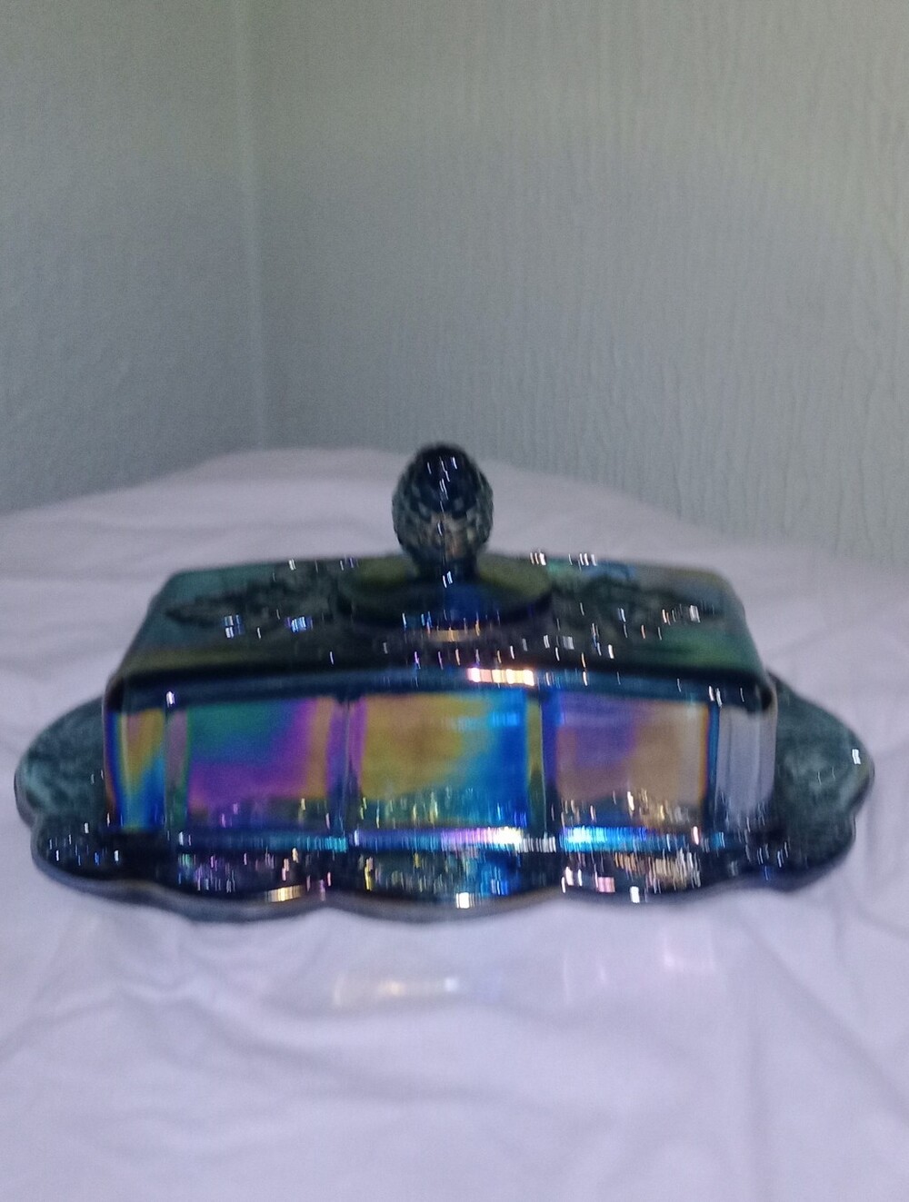 Vintage Indiana Glass Iridescent Blue Carnival Glass Grape Harvest Butter Dish